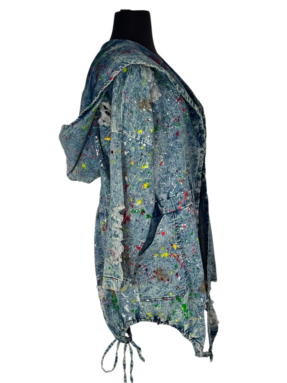 Unique Denim Distressed Upcycled Vintage Hooded Jacket W/paint Splatter XL - Picture 4 of 6